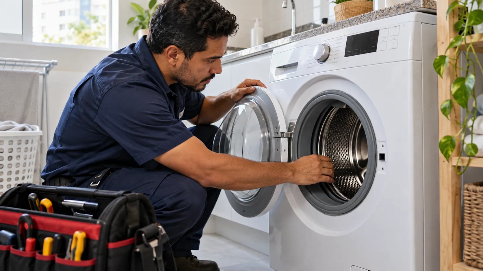 Imagem ilustrativa de técnico atendendo uma máquina de lavar